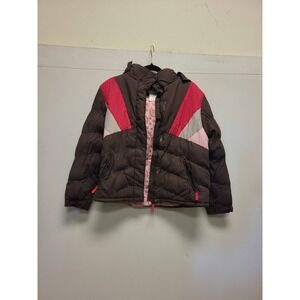 Athletic Works Girls Puffer Jacket XL 14/16 Brown Pink Winter Coat Outerwear